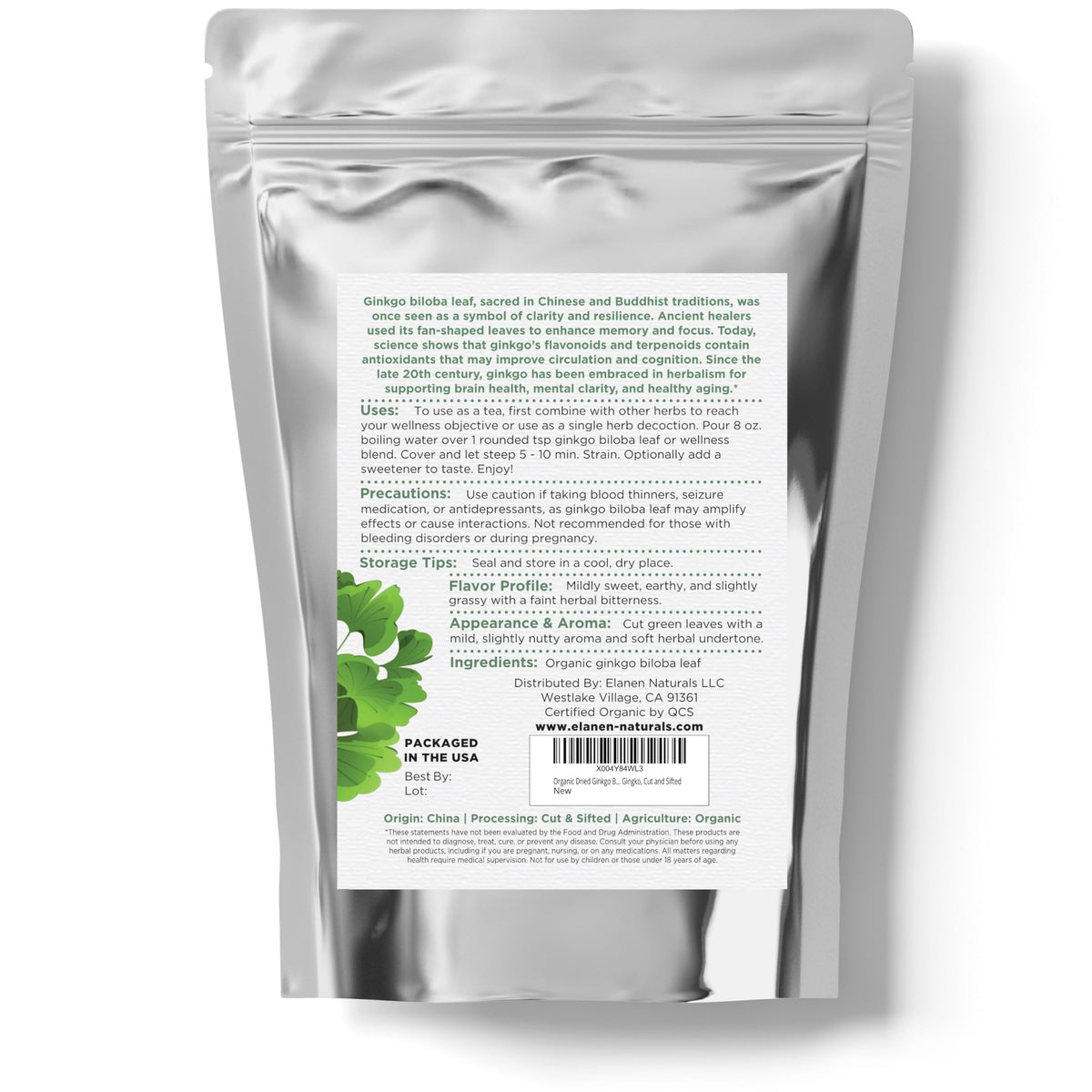 USDA Organic certification seal beside ginkgo leaves by Elanen Naturals.