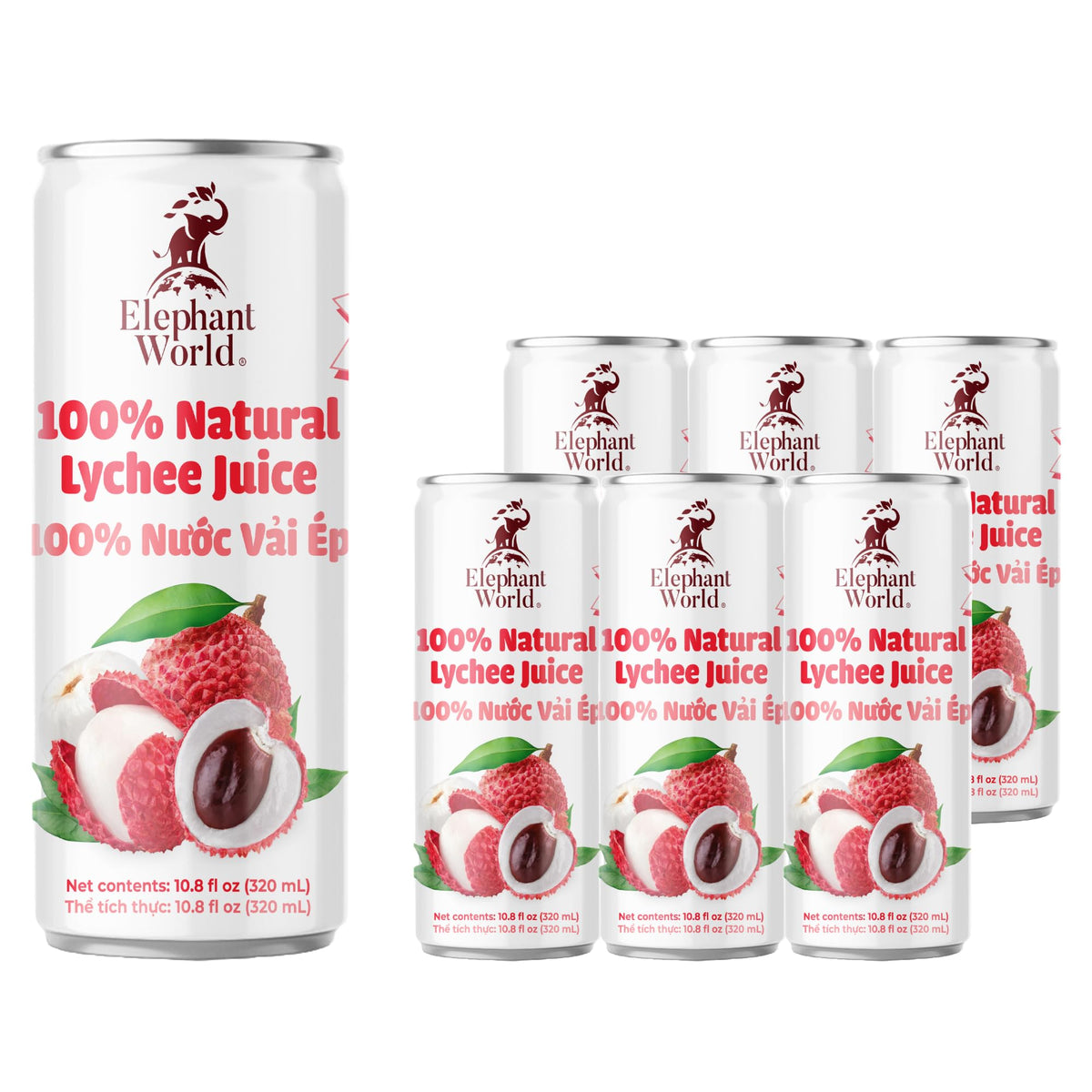 ELEPHANT WORLD Lychee Juice 6-pack bottle back with nutrition info
