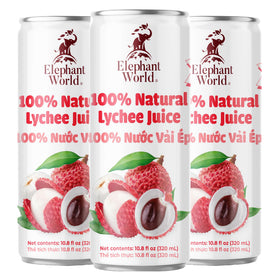 Elephant World Lychee Juice bottle front view, 320 ml, no sugar added.