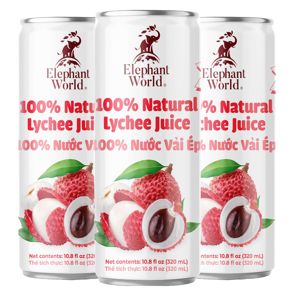 Elephant World Lychee Juice bottle front view, 320 ml, no sugar added.
