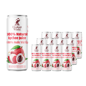 Elephant World Lychee Juice 12-pack display, ideal for gatherings.