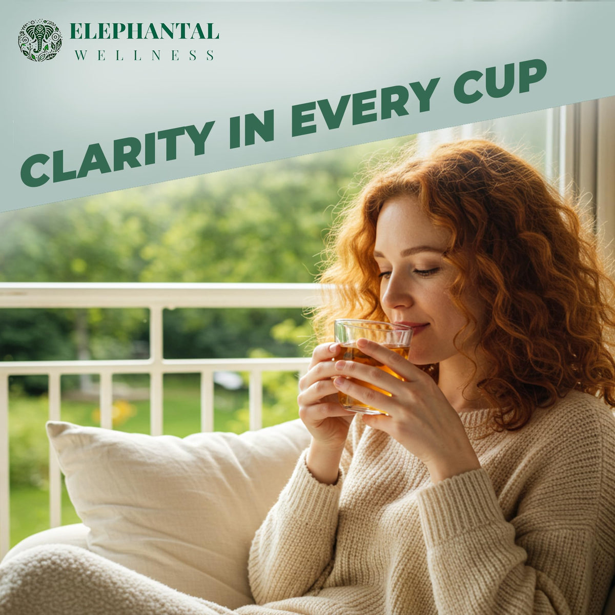 Elephantal Wellness brain tea brew cup shows warm, inviting aroma.