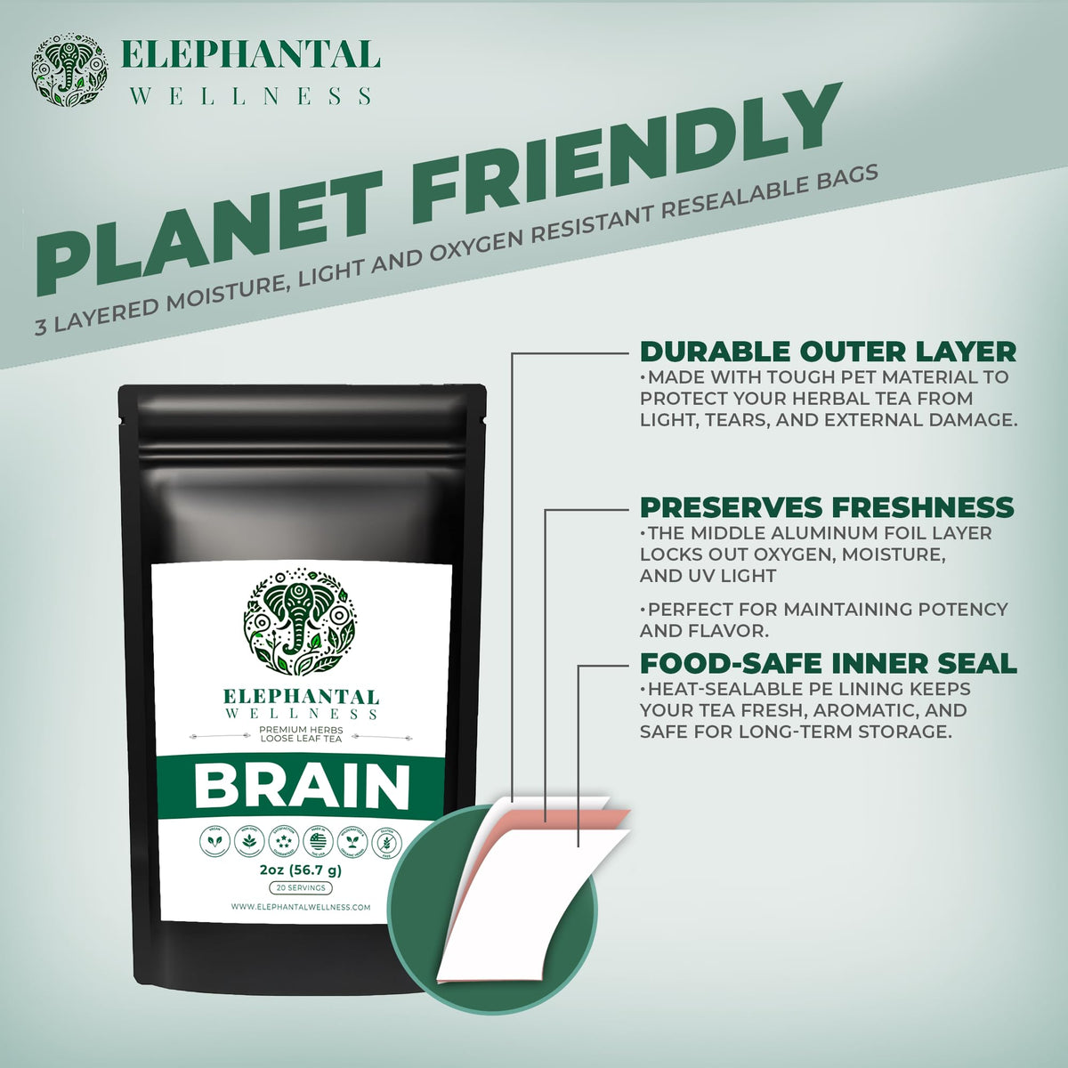 Elephantal Wellness brain tea label close-up with non-GMO promise.