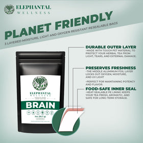 Elephantal Wellness brain tea label close-up with non-GMO promise.