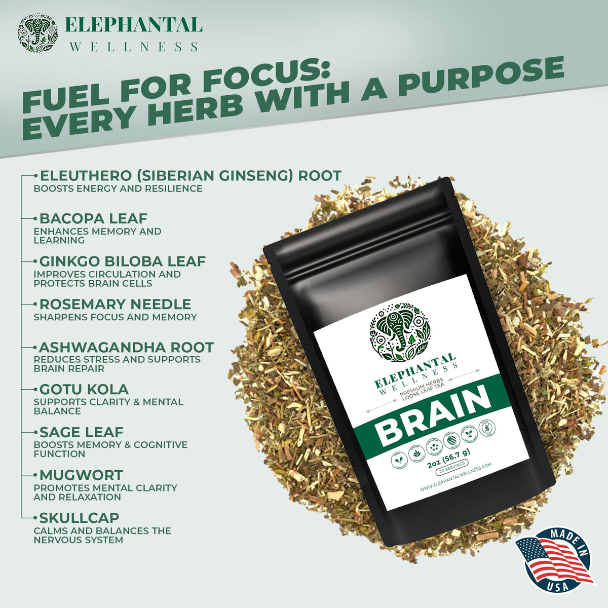 Elephantal Wellness brain tea loose-leaf close-up highlighting herb mix and aroma.