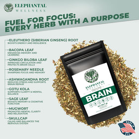 Elephantal Wellness brain tea loose-leaf close-up highlighting herb mix and aroma.