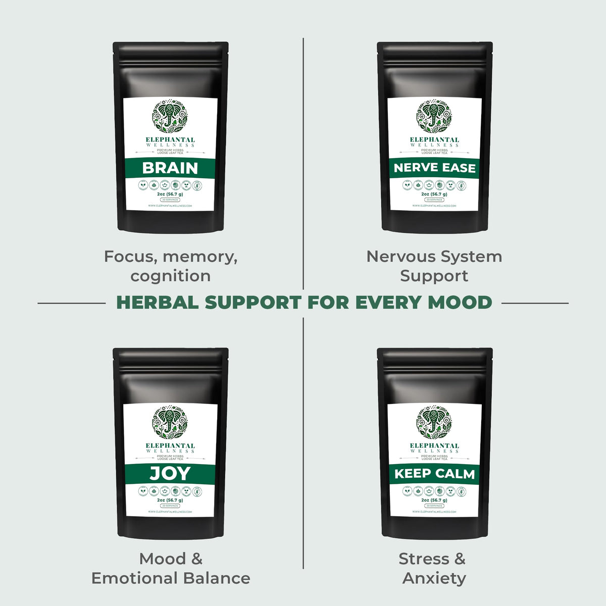 Elephantal Wellness brain tea final presentation with 2oz loose leaf packaging.