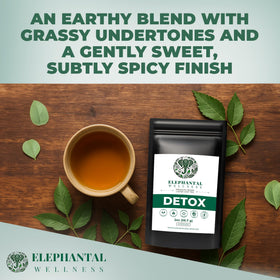 Elephantal Wellness Detox Tea packaging 2oz tin highlights premium quality
