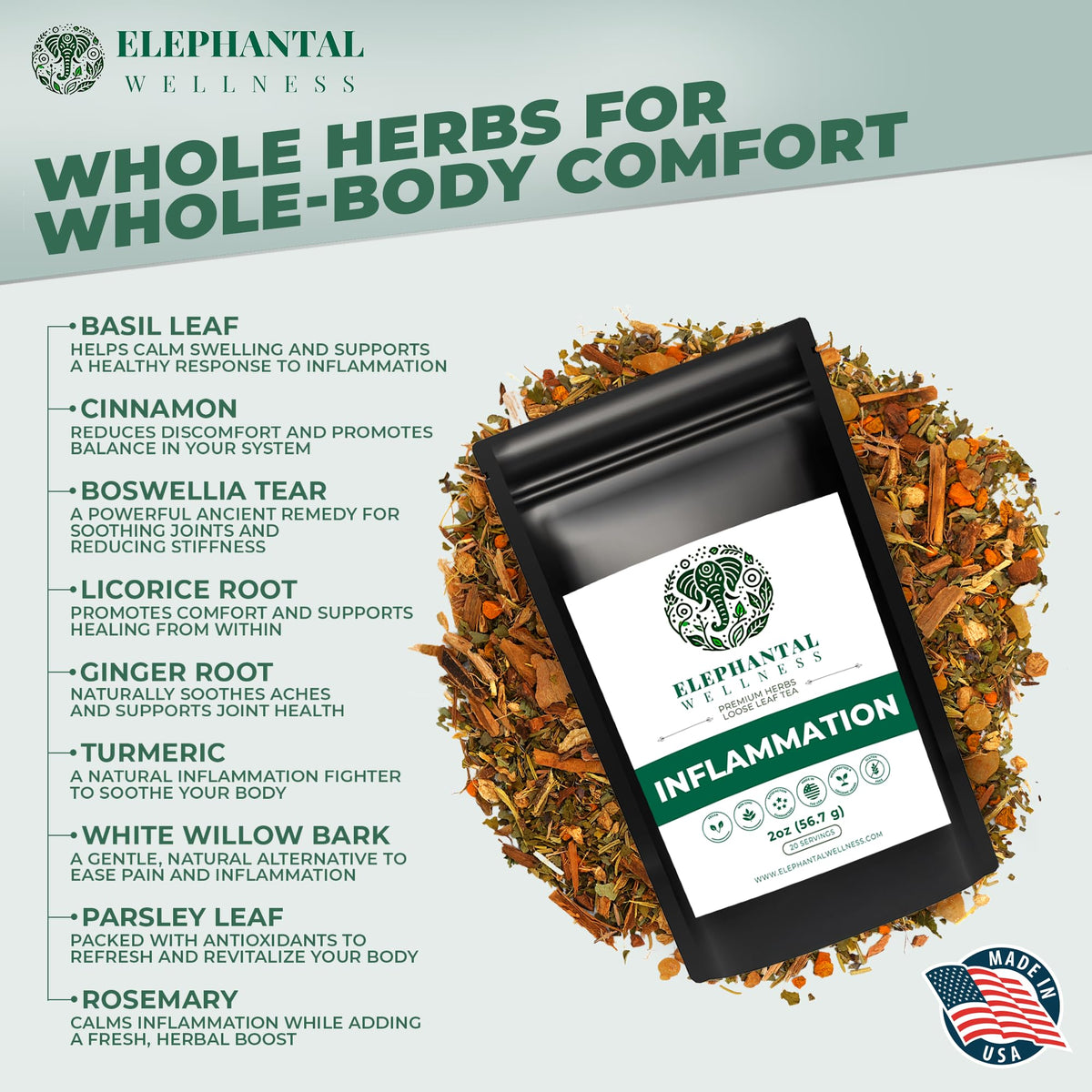 Elephantal Wellness loose leaf tea bundle shows vibrant herbs for mindful brewing.