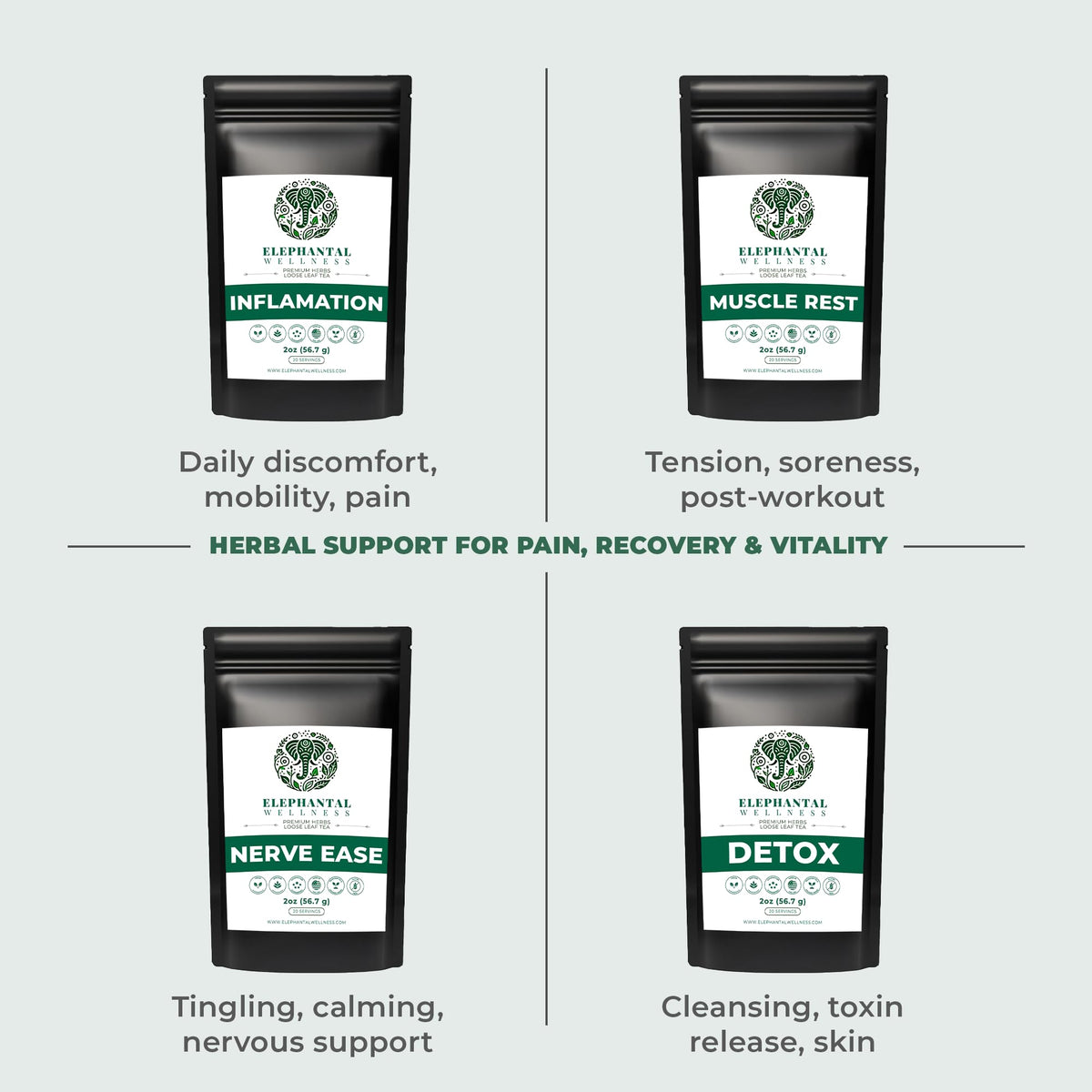 Elephantal Wellness loose-leaf tea close-up reveals high-potency botanicals.