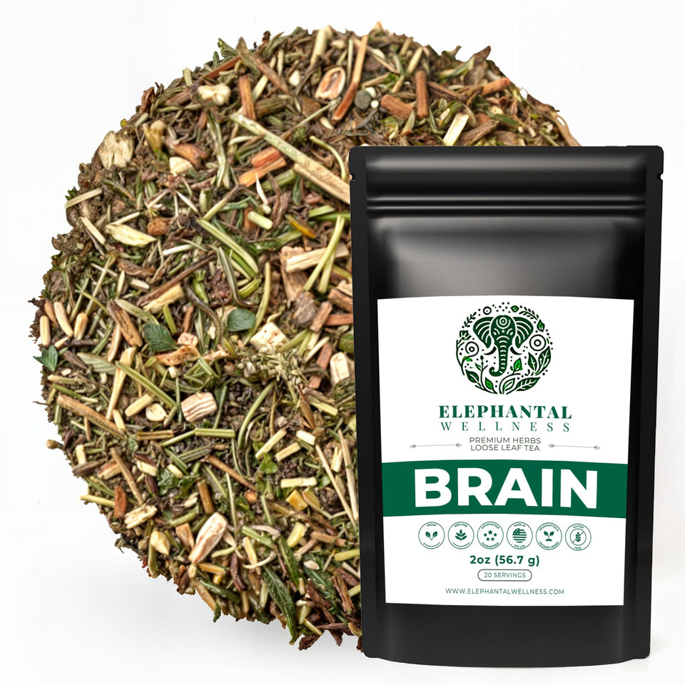 Elephantal Wellness Premium Brain Tea pack with loose-leaf blend for focused study sessions.