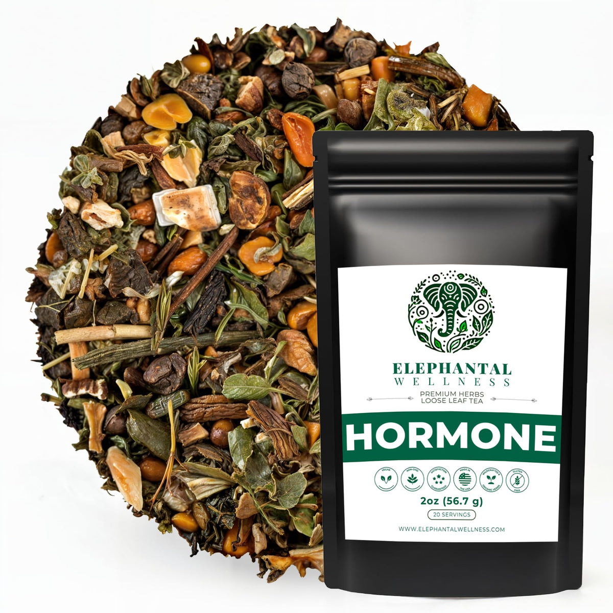 Elephantal Wellness premium hormone tea bag closeup for balance