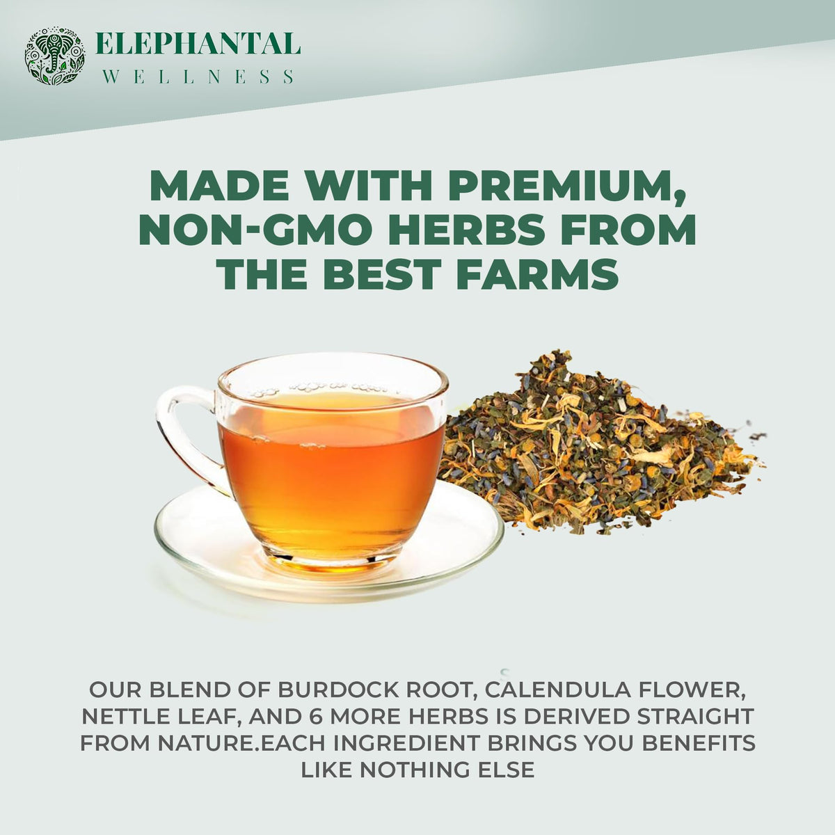 Elephantal Wellness Premium Skin Herbal Tea herb blend with burdock and dandelion notes for refreshing aroma.