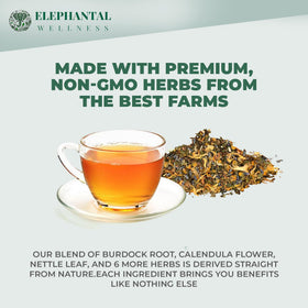 Elephantal Wellness Premium Skin Herbal Tea herb blend with burdock and dandelion notes for refreshing aroma.