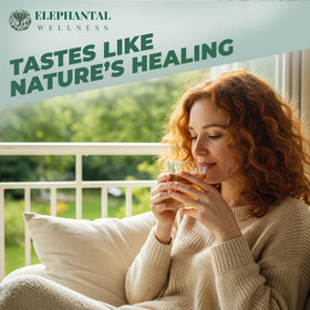Elephantal Wellness Premium Skin Herbal Tea label close-up highlighting handmade quality.