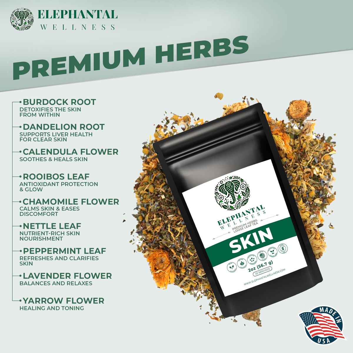 Elephantal Wellness Premium Skin Herbal Tea loose-leaf close-up highlights artisanal blend.