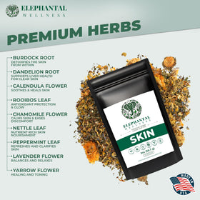 Elephantal Wellness Premium Skin Herbal Tea loose-leaf close-up highlights artisanal blend.