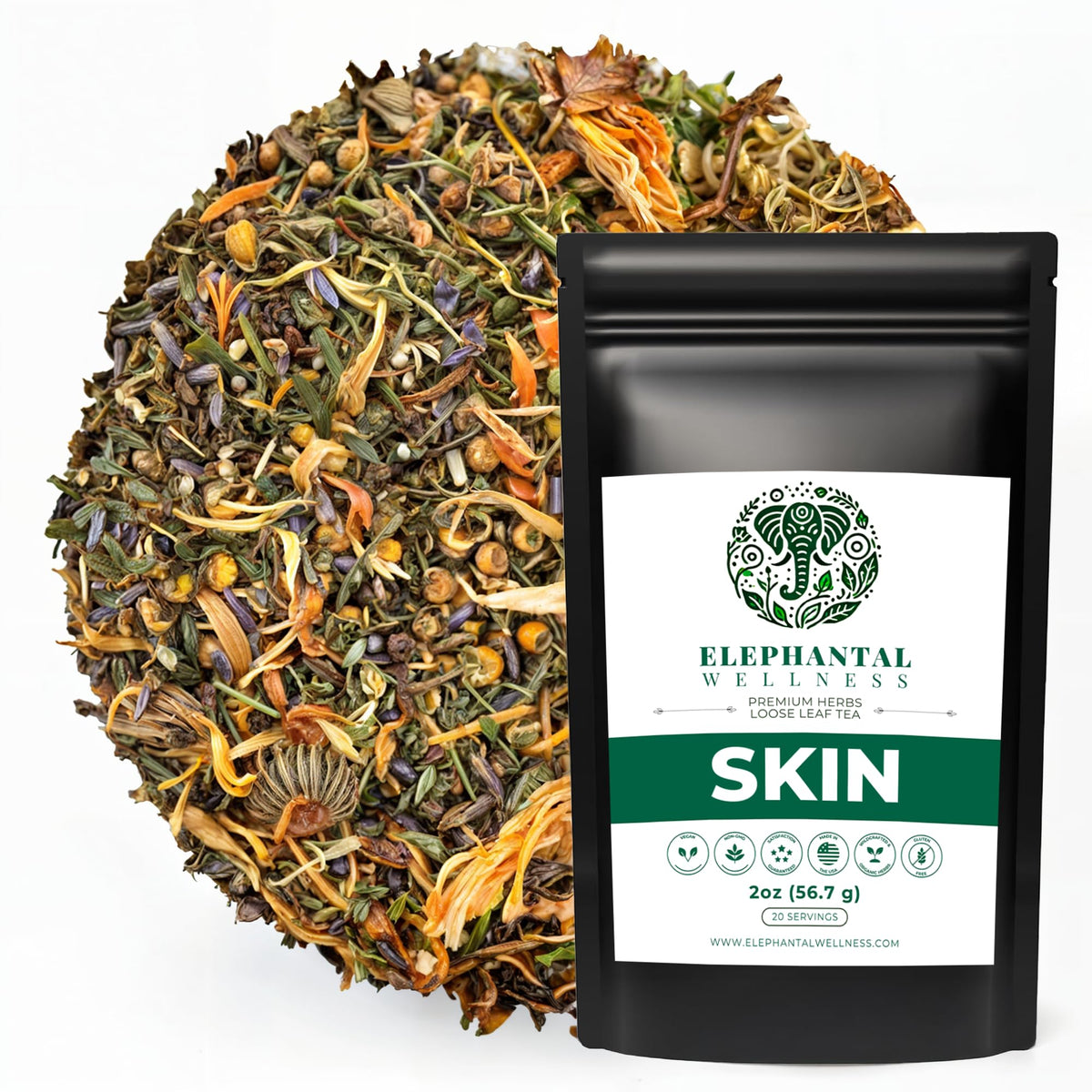 Elephantal Wellness Premium Skin Herbal Tea packaging showing a calm, caffeine-free blend for daily ritual.