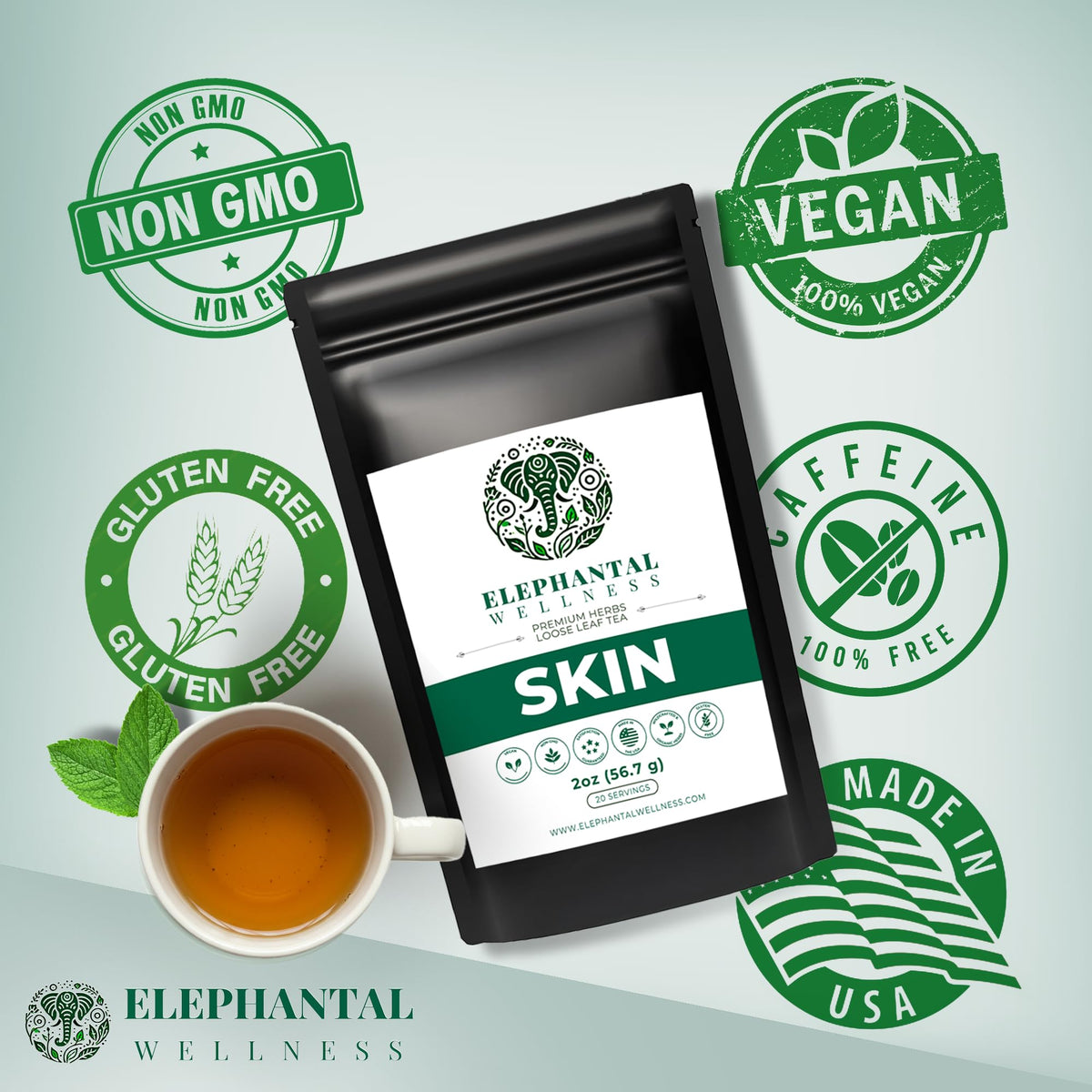 Elephantal Wellness Premium Skin Herbal Tea steeping image emphasizing calming infusion.