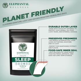 Caffeine-free note on Elephantal Wellness Premium Sleep Tea supports evening rituals.