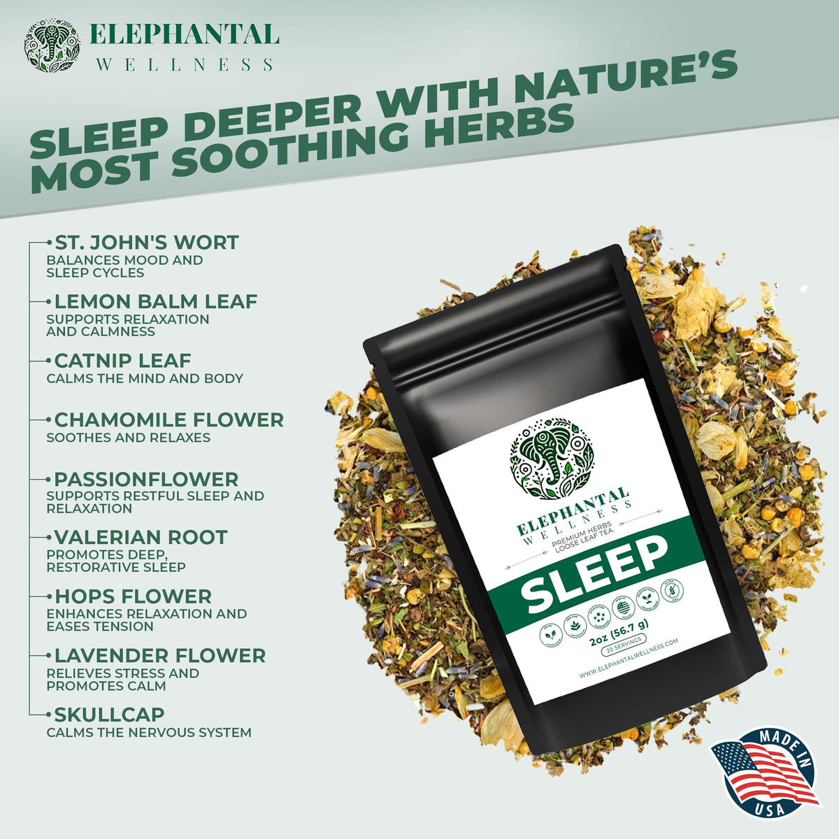 Elephantal Wellness Premium Sleep Tea loose-leaf-blend ready for infusion.