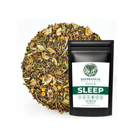 Elephantal Wellness Premium Sleep Tea pack-jar showcases a calming nighttime ritual.