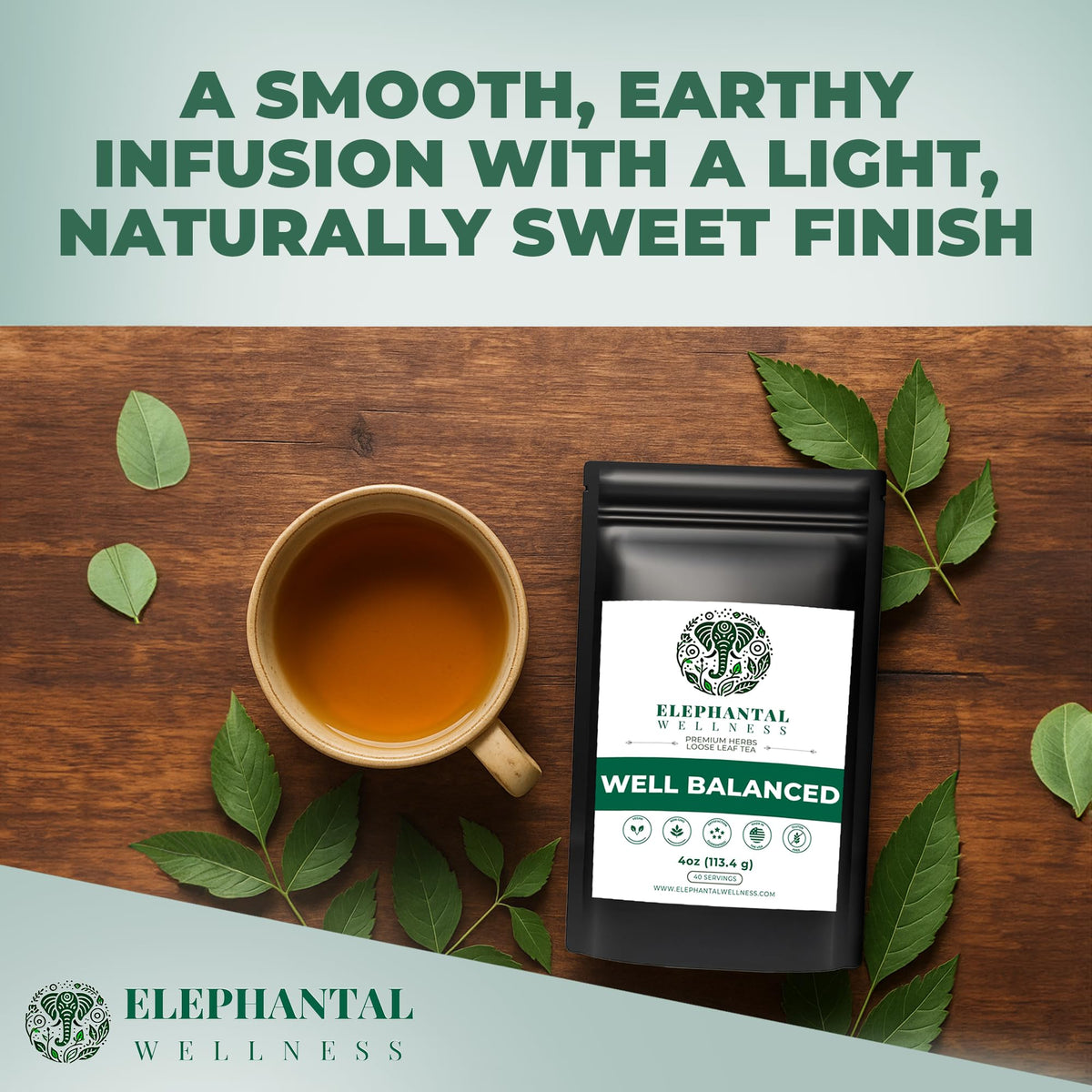 Elephantal Wellness Premium Well Balanced Tea cup steam calming ritual