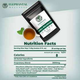 Elephantal Wellness Premium Well Balanced Tea ingredients closeup ashwagandha reishi goji