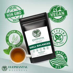 Elephantal Wellness Premium Well Balanced Tea packaging label small-batch freshness