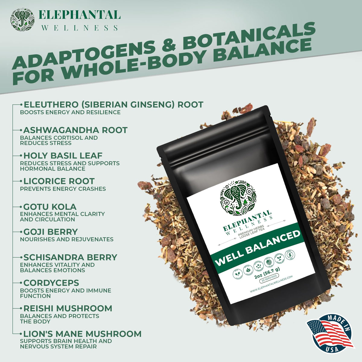 Elephantal Wellness Premium Well Balanced Tea steeping brew with steady energy