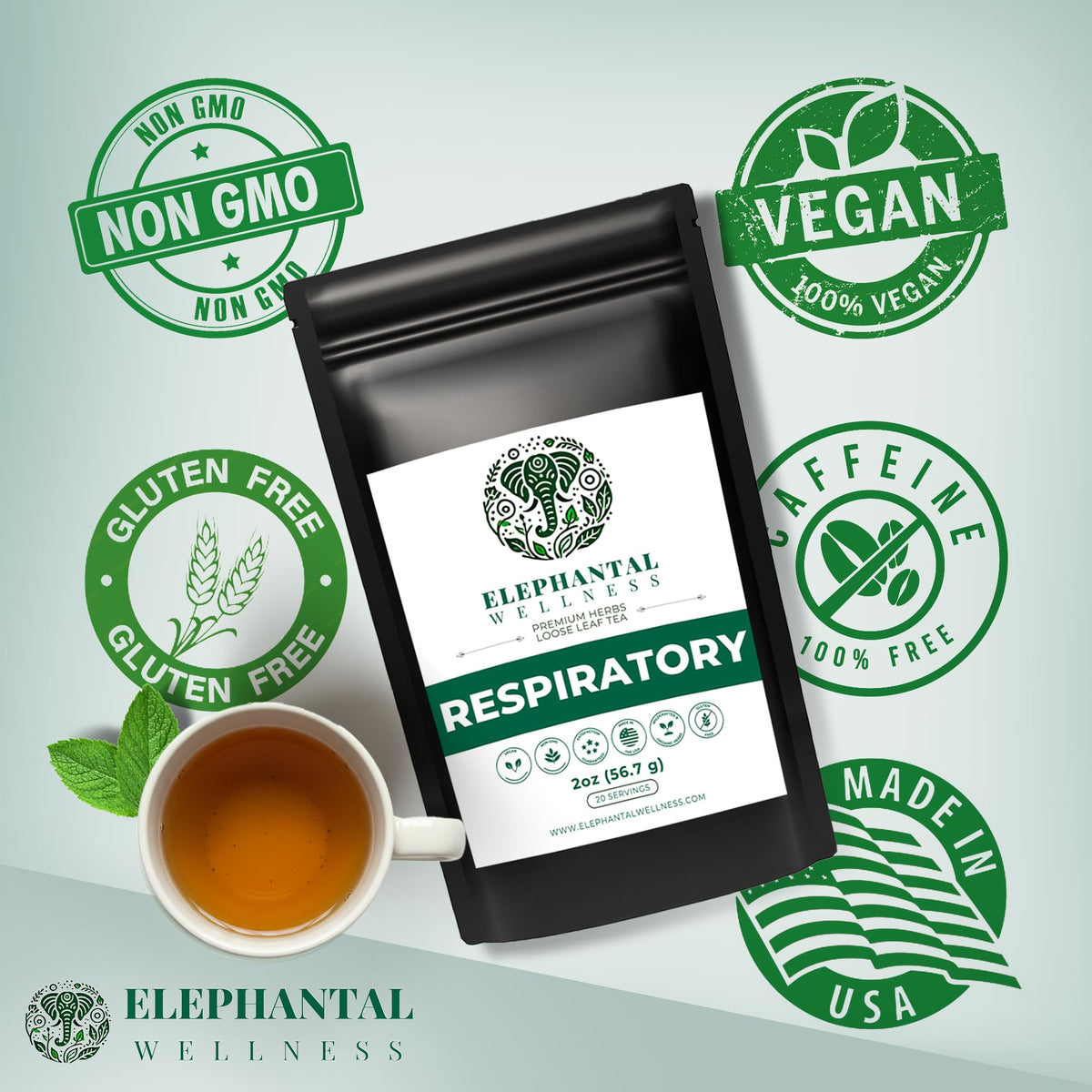 Elephantal Wellness Premium Respiratory Herbal Tea brewed cup releases refreshing vapors.