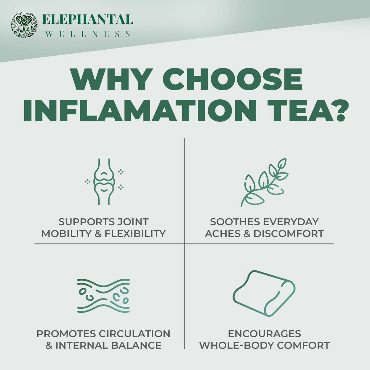 Elephantal Wellness tea cup steep image invites soothing, caffeine-free relaxation.