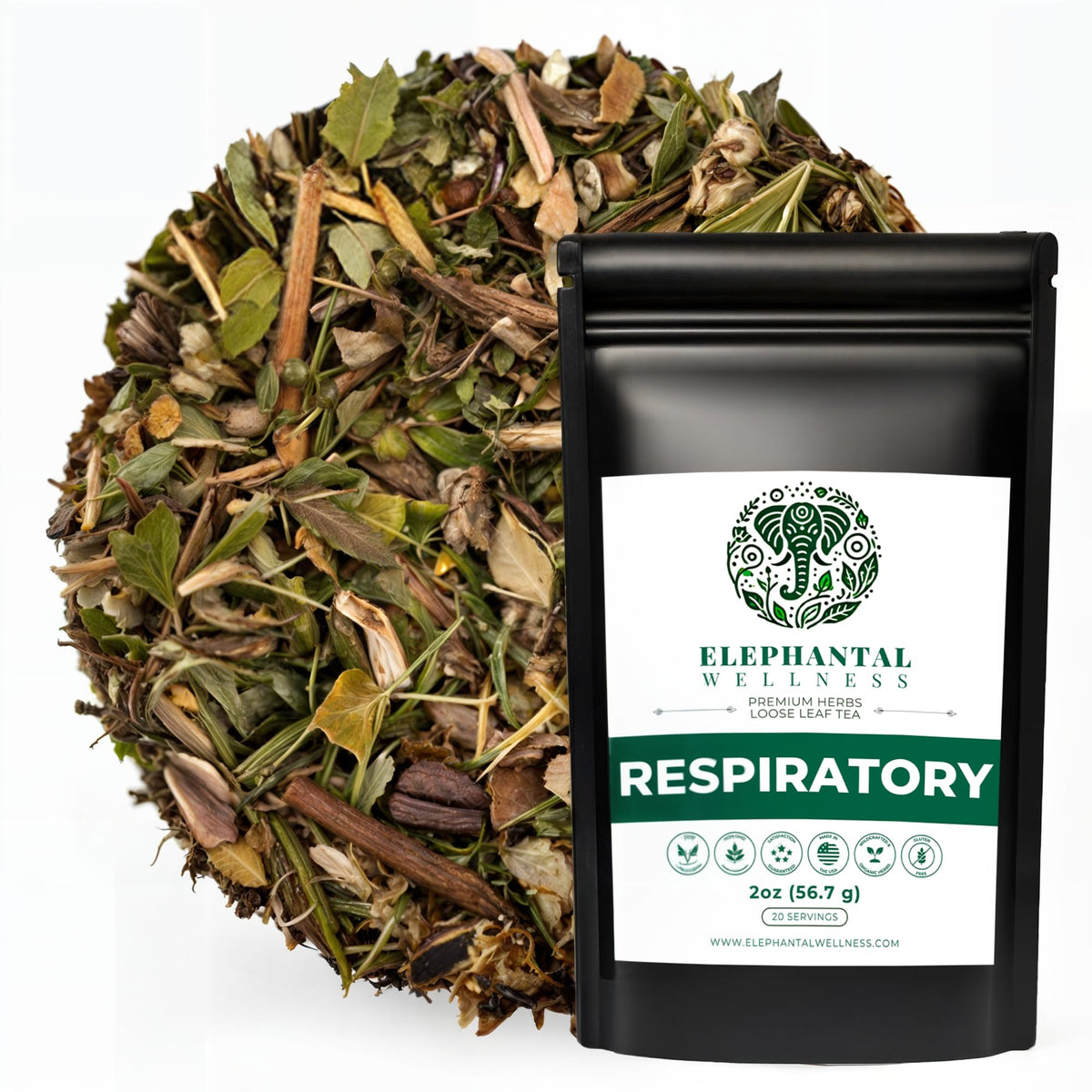 Elephantal Wellness Premium Respiratory Herbal Tea loose leaf blend promotes lung detox and aroma.