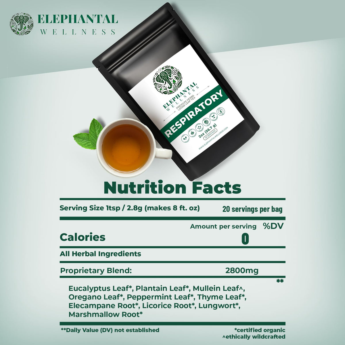Elephantal Wellness Premium Respiratory Herbal Tea loose leaf blend in scoop.