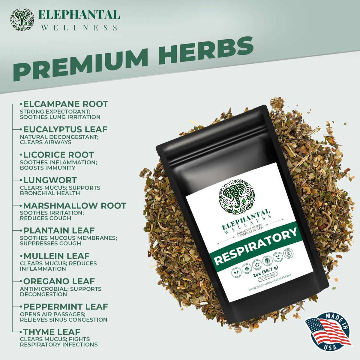 Elephantal Wellness Premium Respiratory Herbal Tea steeping cup supports a daily soothing ritual.