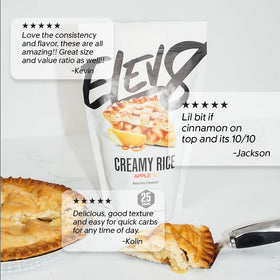 Elev8 Creamy Rice Apple Pie label close-up emphasizes flavor variety.