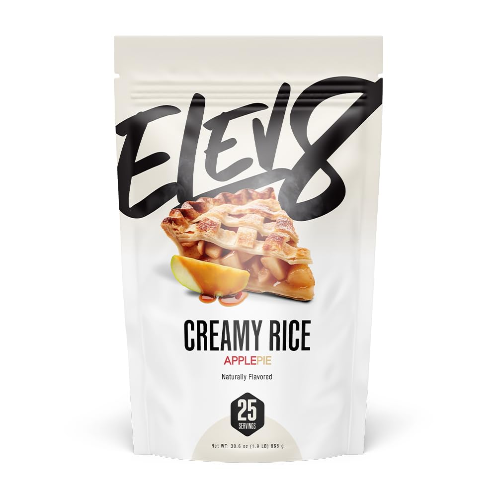 Elev8 Creamy Rice Apple Pie packaging showcases a 25-serving tub for on-the-go fueling.