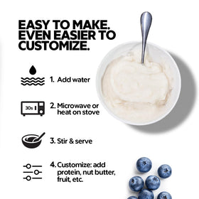 Elev8 Creamy Rice blueberry muffin bowl with prepared shake mix.