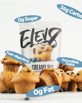 Elev8 Creamy Rice blueberry muffin hero shot for lifestyle appeal.
