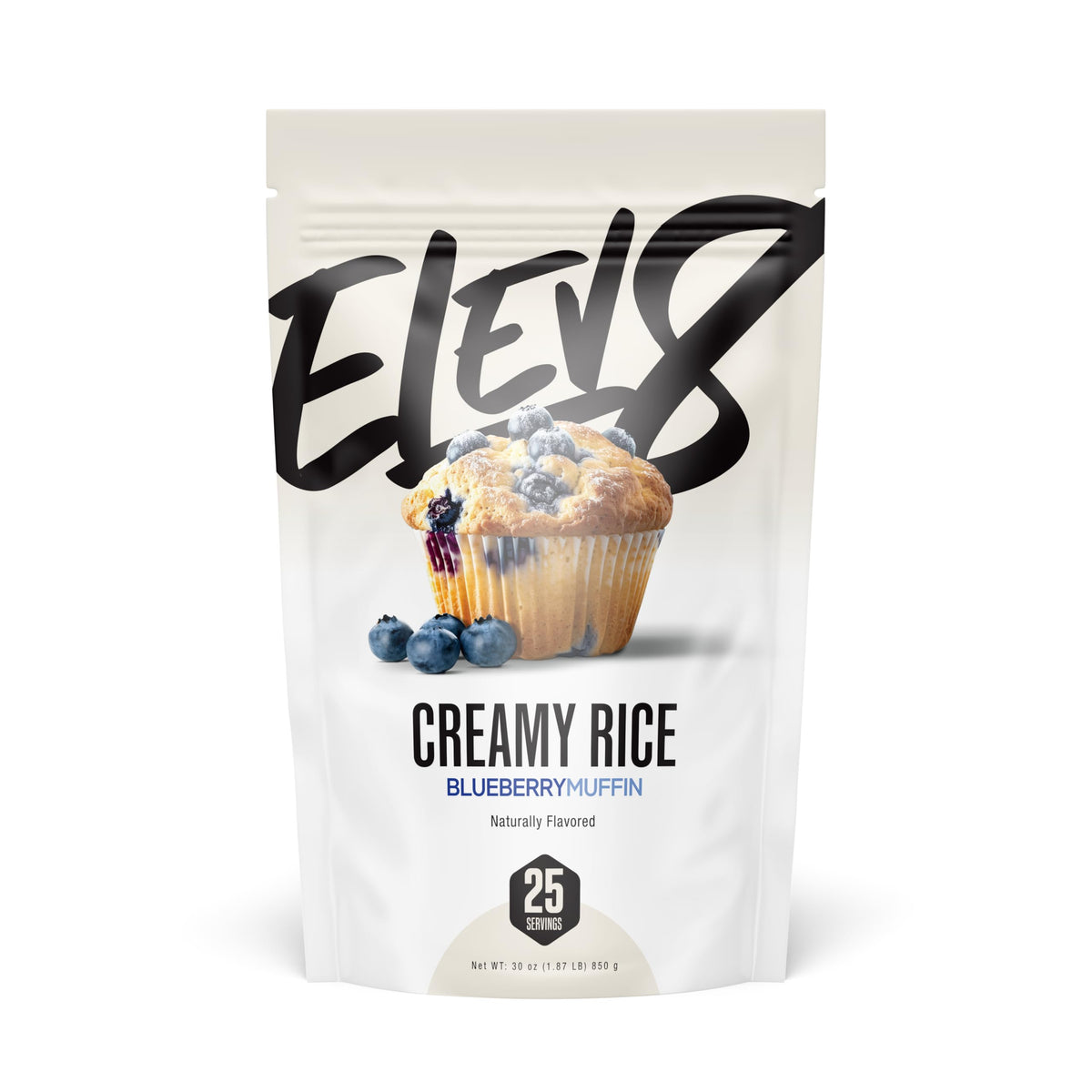 Elev8 Creamy Rice blueberry muffin powder bottle for quick, convenient fueling.