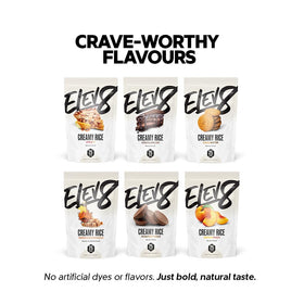 Elev8 Creamy Rice Chocolate Cake nutrition label highlights macro-friendly profile.