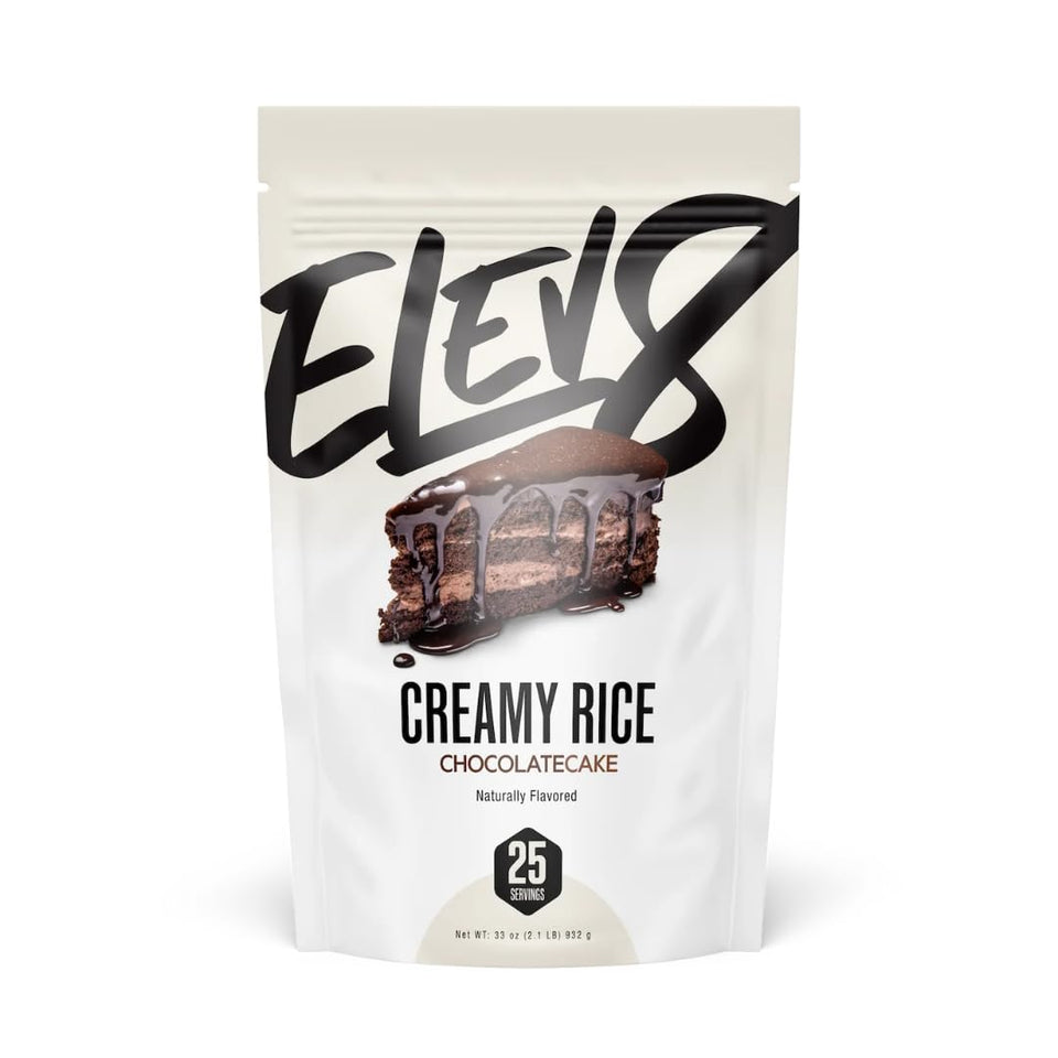 Elev8 Creamy Rice Chocolate Cake packaging shows convenient, macro-friendly fuel.