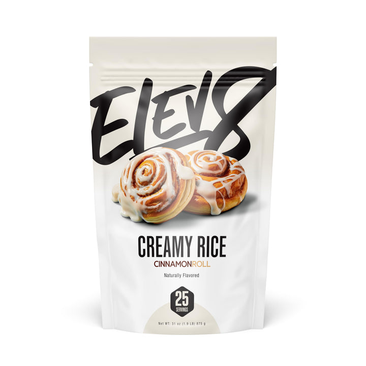 Elev8 Creamy Rice Cinnamon Roll pour fuels busy mornings with quick, clean carbs.