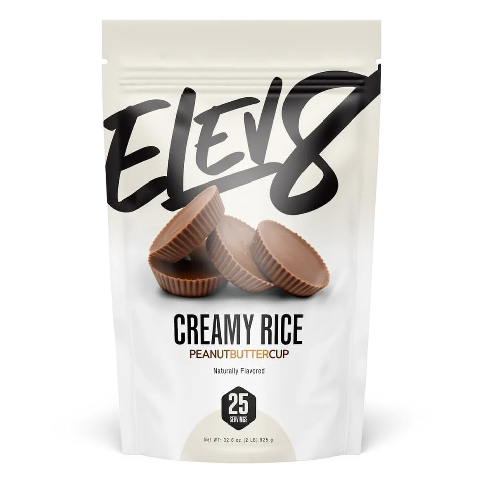 Elev8 Creamy Rice Peanut Butter Cup hero image shows a quick fueling option for active days.