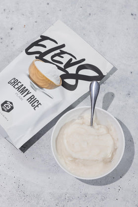 Elev8 Creamy Rice Plain packaging view, convenient 25-serving container