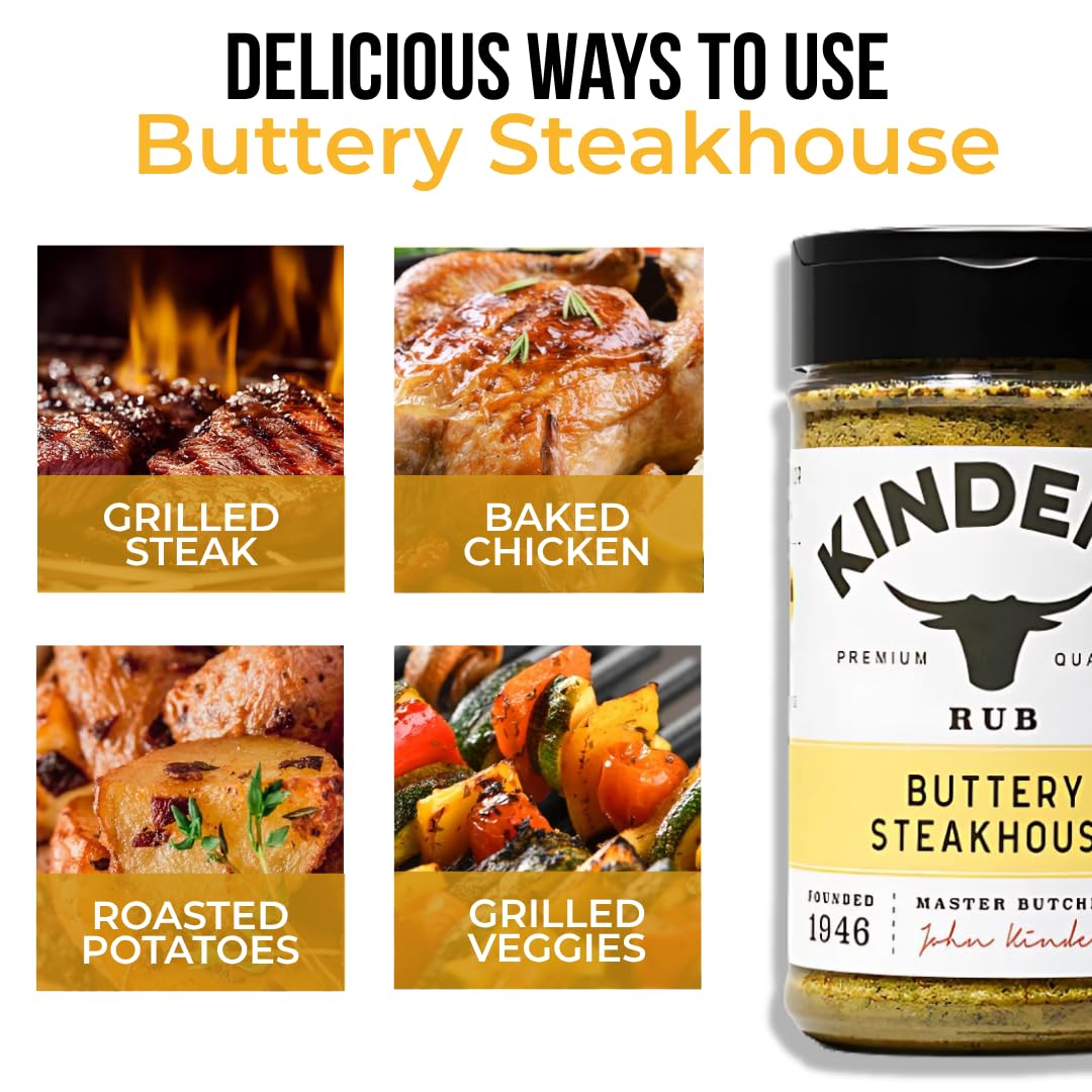 ELI&VAL Kinders Buttery Steakhouse jar close-up showing rich seasoning texture on beef.