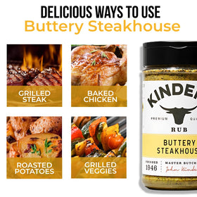 ELI&VAL Kinders Buttery Steakhouse jar close-up showing rich seasoning texture on beef.