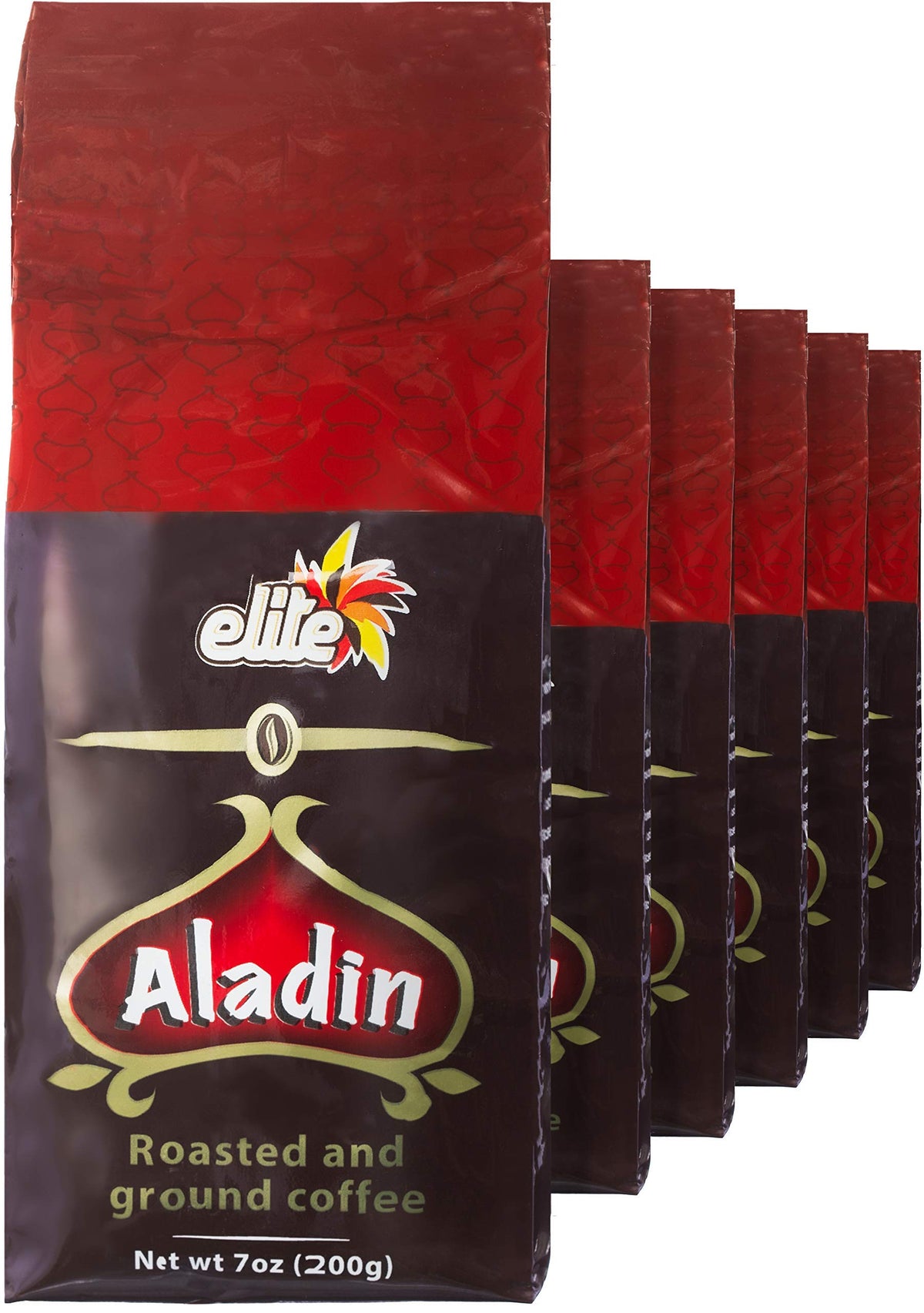 Elite Aladin Coffee bag 7oz pack6 showcasing fresh-roasted Turkish grind for bold aroma