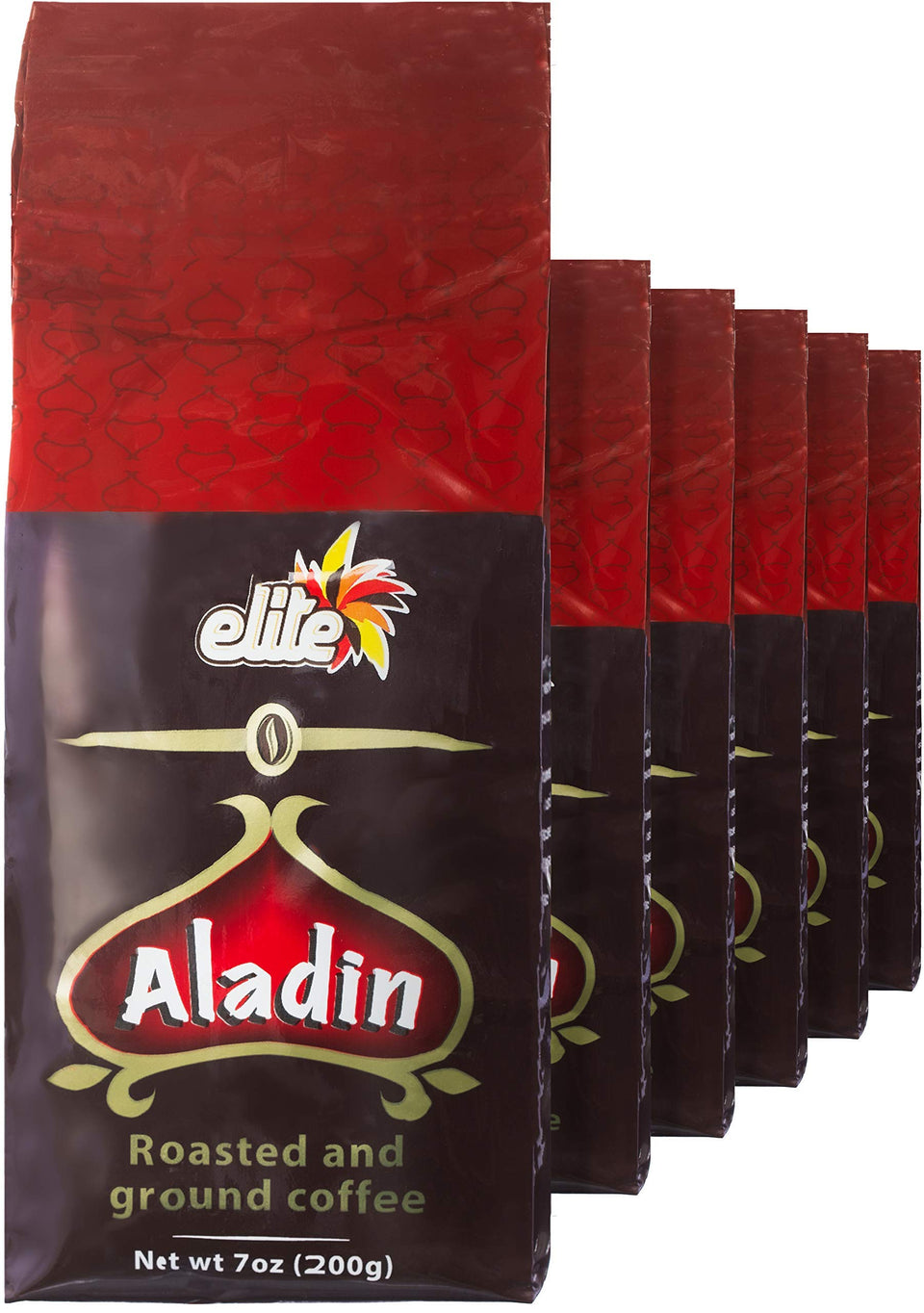 Elite Aladin Coffee bag 7oz pack6 showcasing fresh-roasted Turkish grind for bold aroma