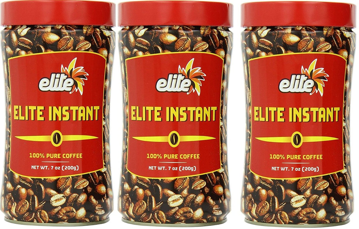 Elite Instant Coffee 7oz 3-pack box—premier beans for quick, flavorful mornings.